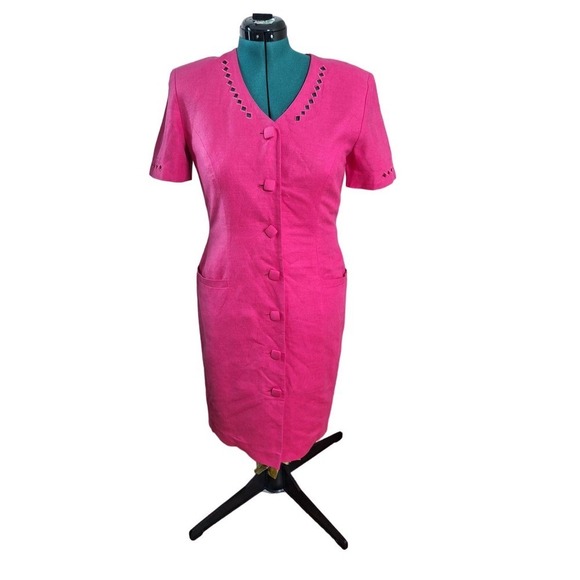 Vintage 80s/90s Hot Pink Button Front Power Dress Medium 10 - Picture 10 of 11